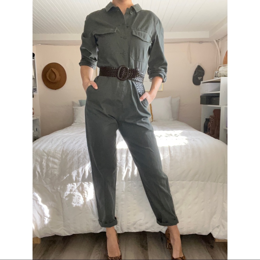 New, never worn, beautiful canvas jumpsuit in army green. Size Small
